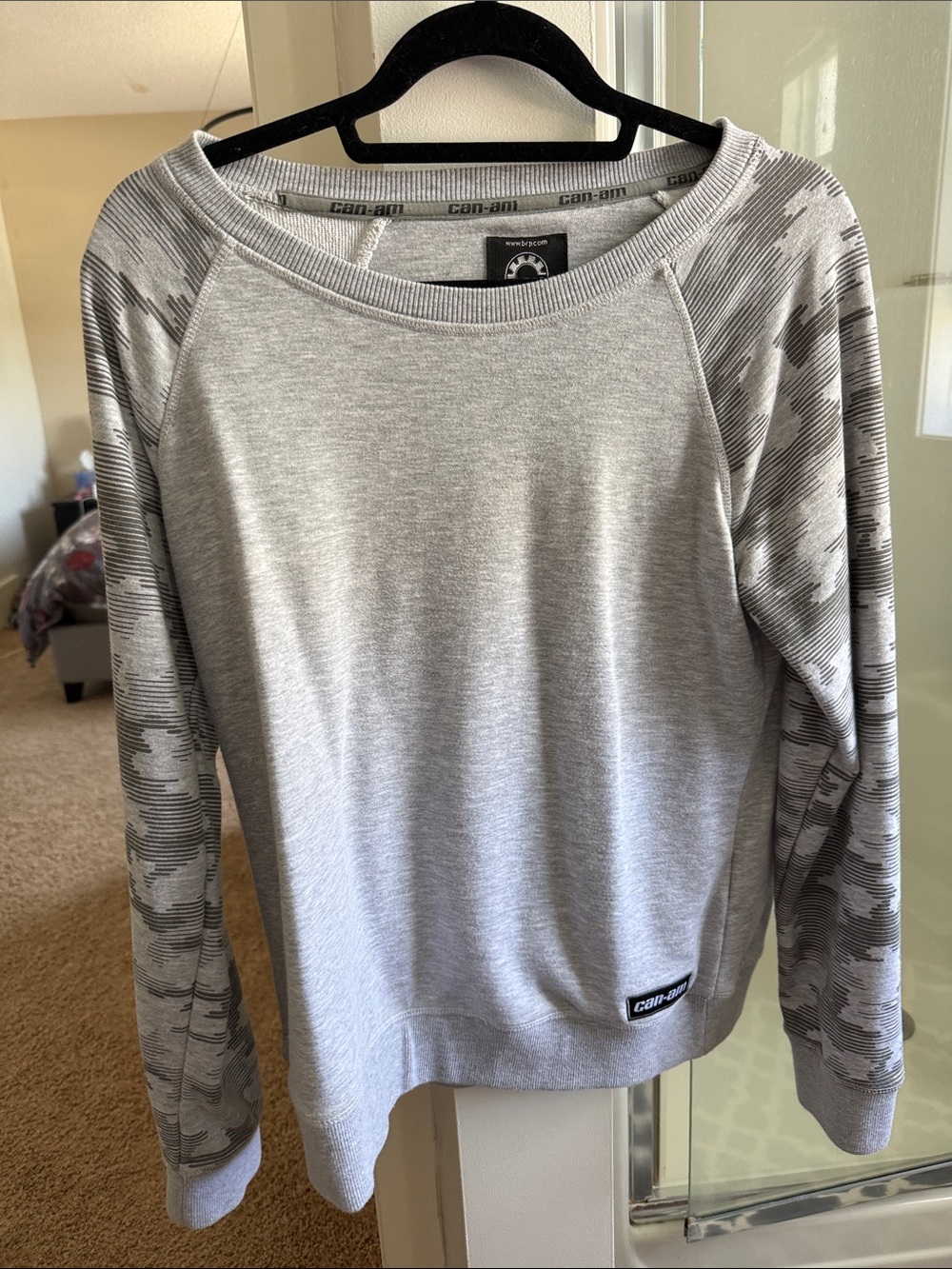 Women's Light Gray Pullover Sweatshirt with Camo Raglan Sleeves